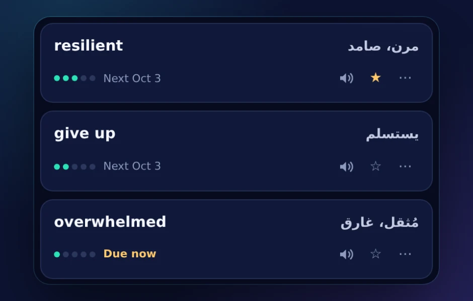 صندوق المفردات فيه الكلمات المحفوظة ومستوى كل كلمة.